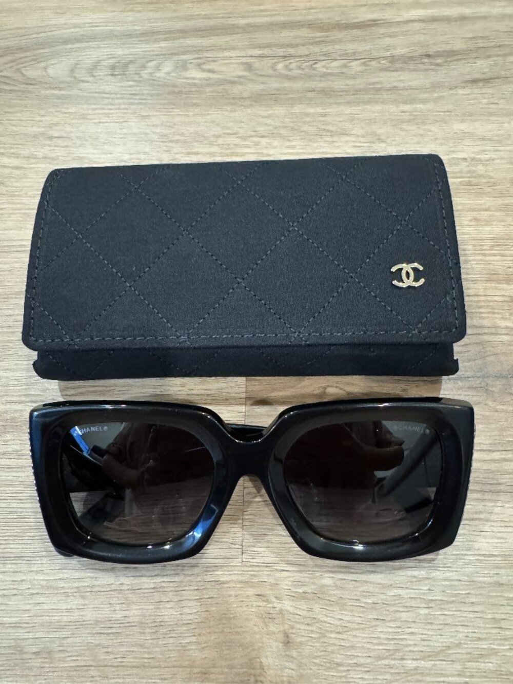 Authentic CHANEL oversized black sunglasses.